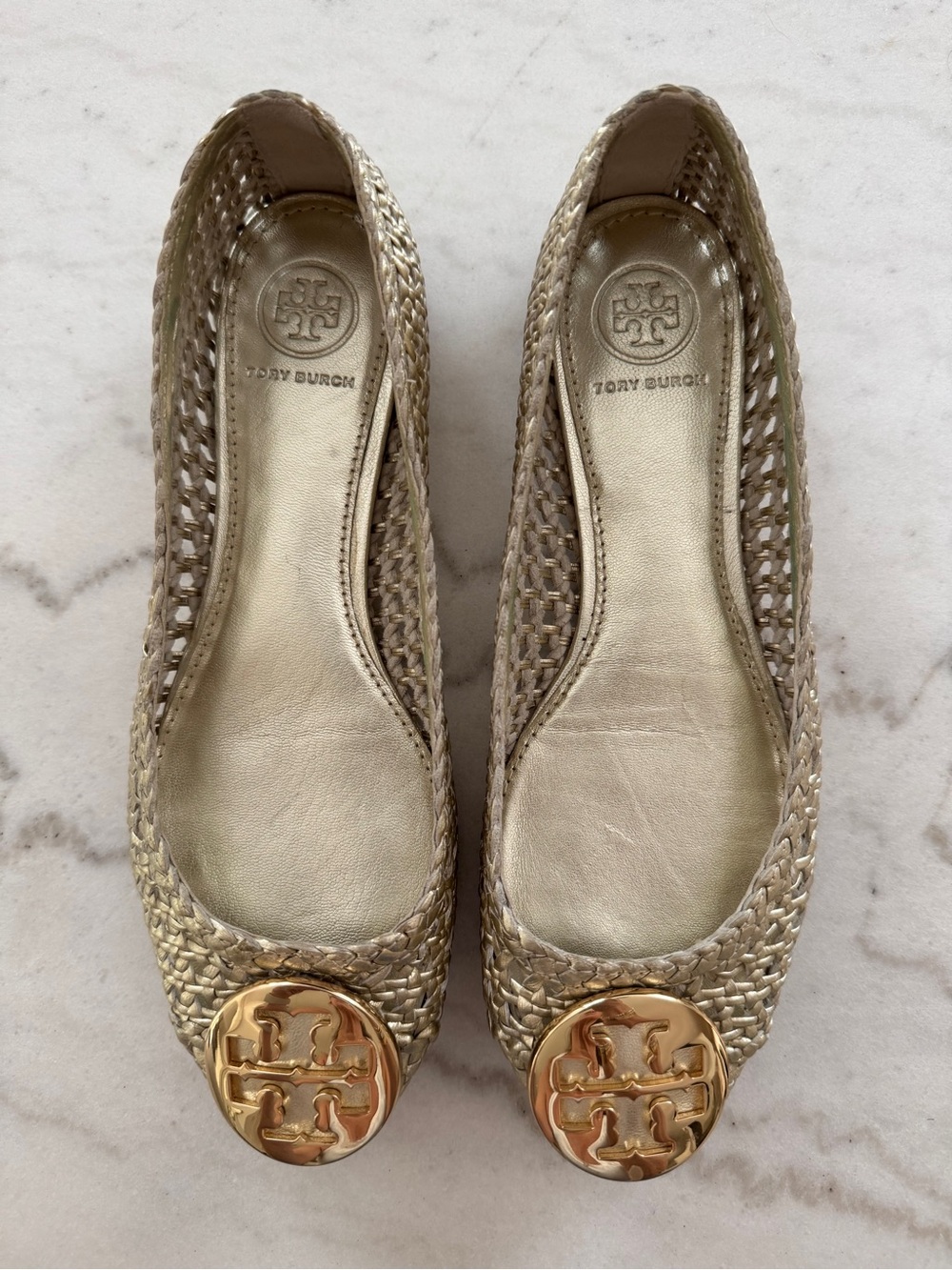 Tory Burch Metallic Gold Woven Logo Ballet Flats